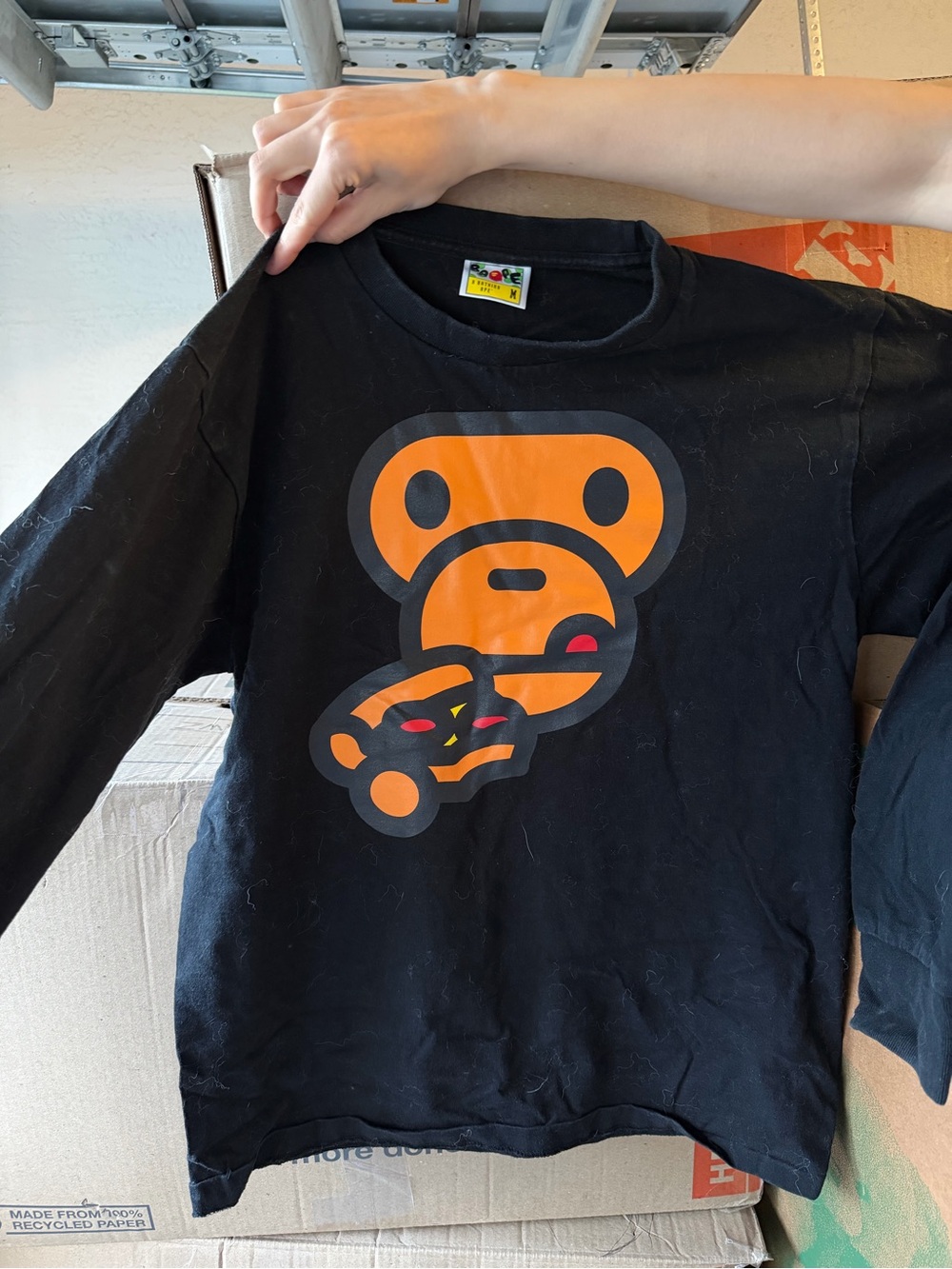 Bape Black Long Sleeve Tee with Orange Ape Head Graphic